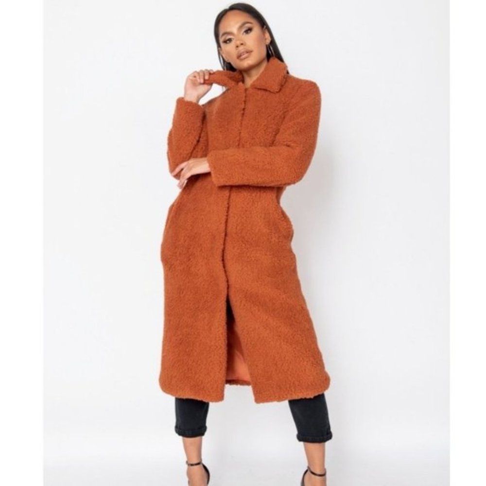 Rust Long Sleeve Oversized Long Maxi Teddy Bear Fur Coat - Picture 3 of 9